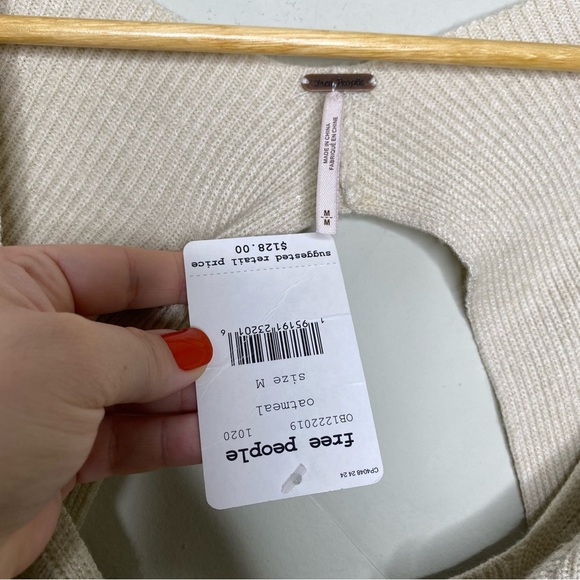 ✨NWT Free People Oatmeal Tan Saffron Open Back Puff Sleeve Sweater Top Medium - Picture 4 of 10